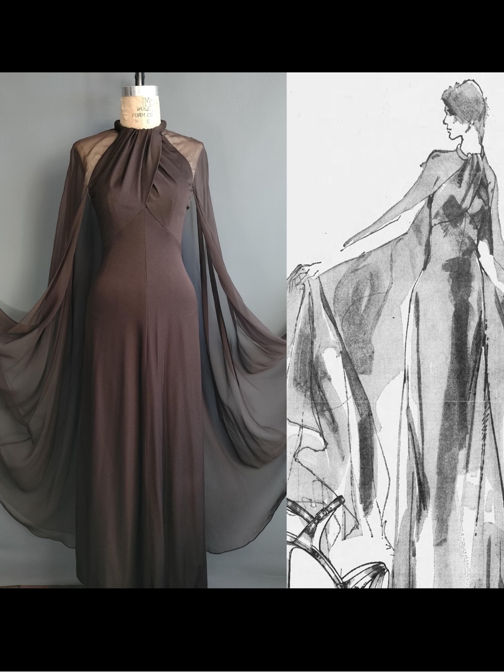 Miss Elliette Brown Floor-Length Evening Gown with Sheer Cape Sleeves